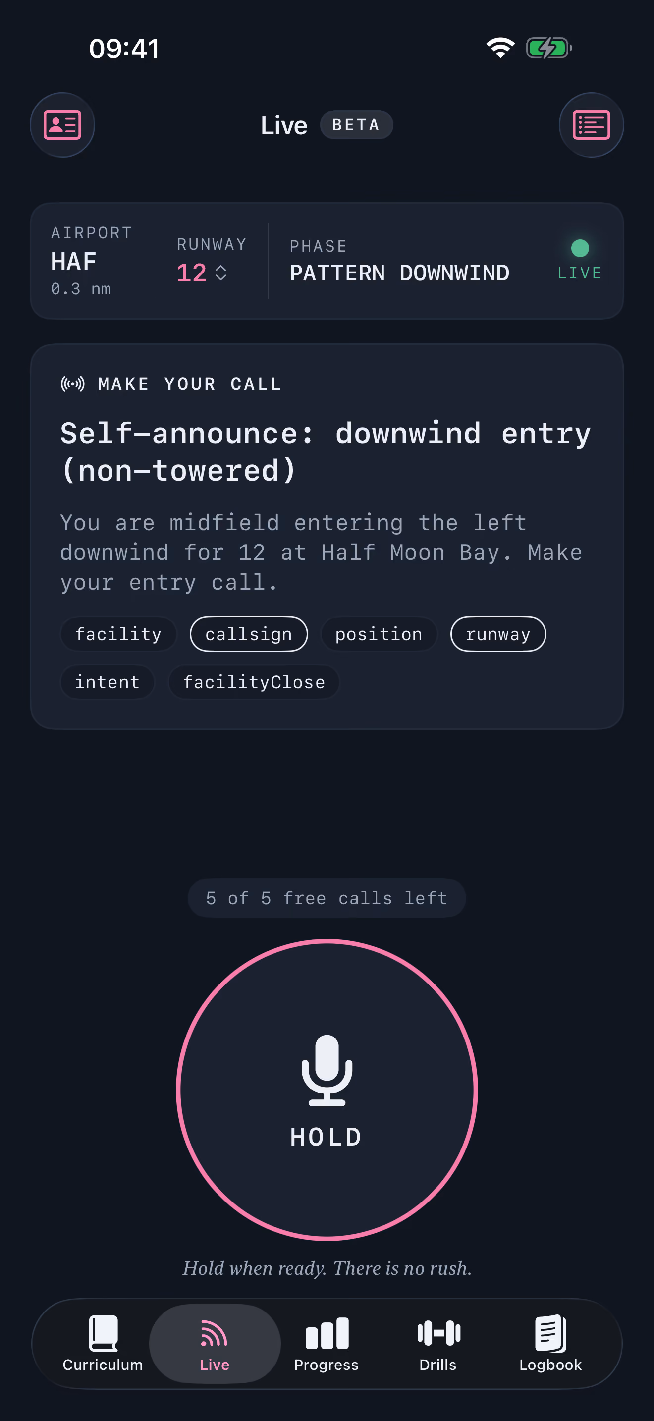 Live mode marked beta, tracking a live downwind leg at HAF runway 12 with a green LIVE indicator and prompting a self-announce downwind entry call, its facility, callsign, position, runway, intent, and facilityClose chips listed above a magenta-outlined hold-to-talk button.